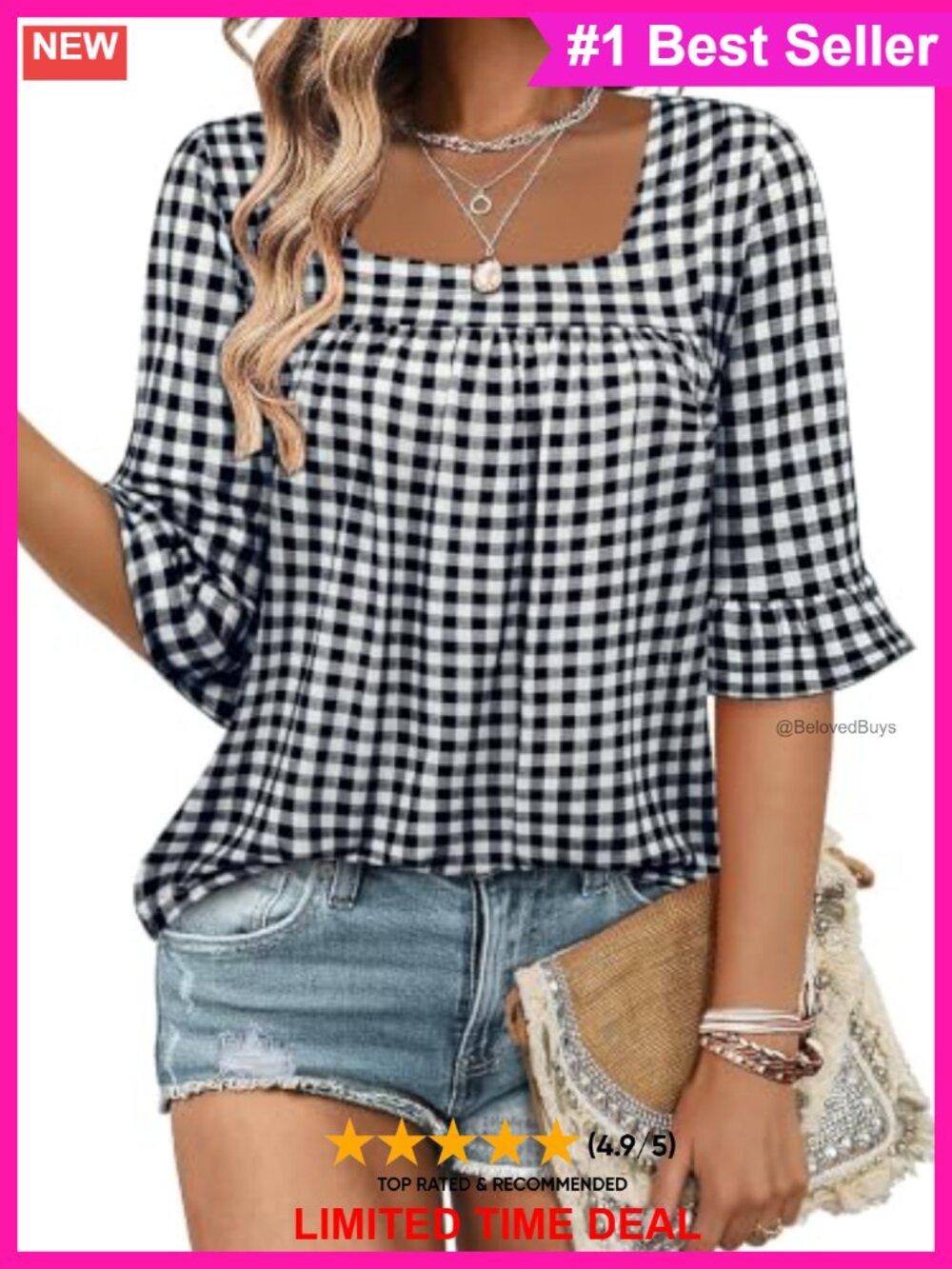 Womens Square Neck Ruffle Sleeve Tunic Top 3/4 Sleeve Ruched Blouse